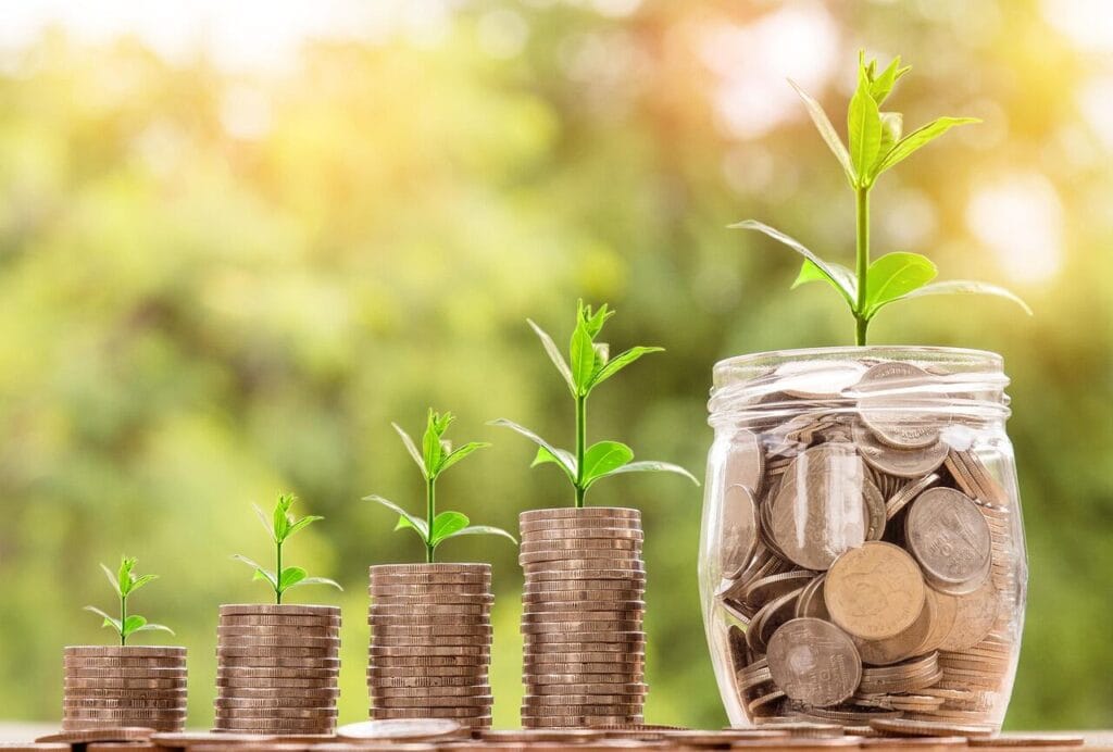 Coins and plants symbolising investment growth